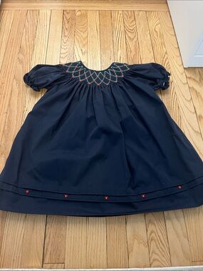 Feltman Brothers Navy Short-Sleeve Smocked Dress with Red and Green Embroidery